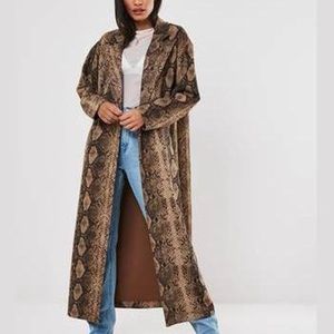 Brown snake print faux suede trench coat missguided